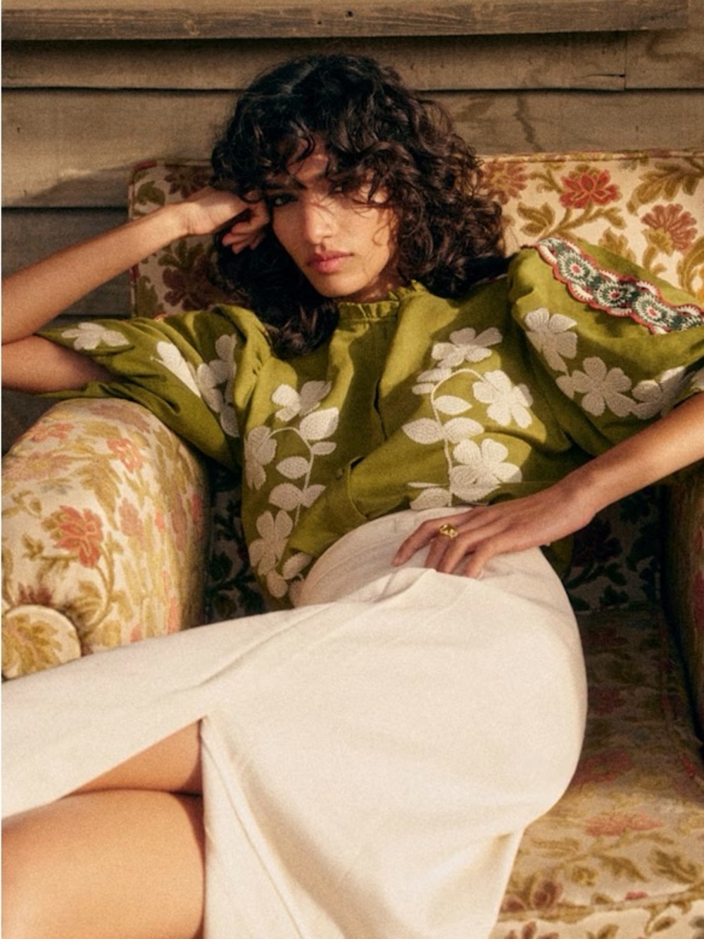 Sezane Anton Embroidered Puff-Sleeve Blouse, NWOT, size 34 / US 2
